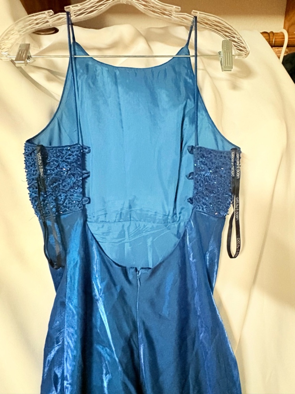 Betsy & Adam Teal Blue Sequin Halter Evening Gown - Picture 4 of 7
